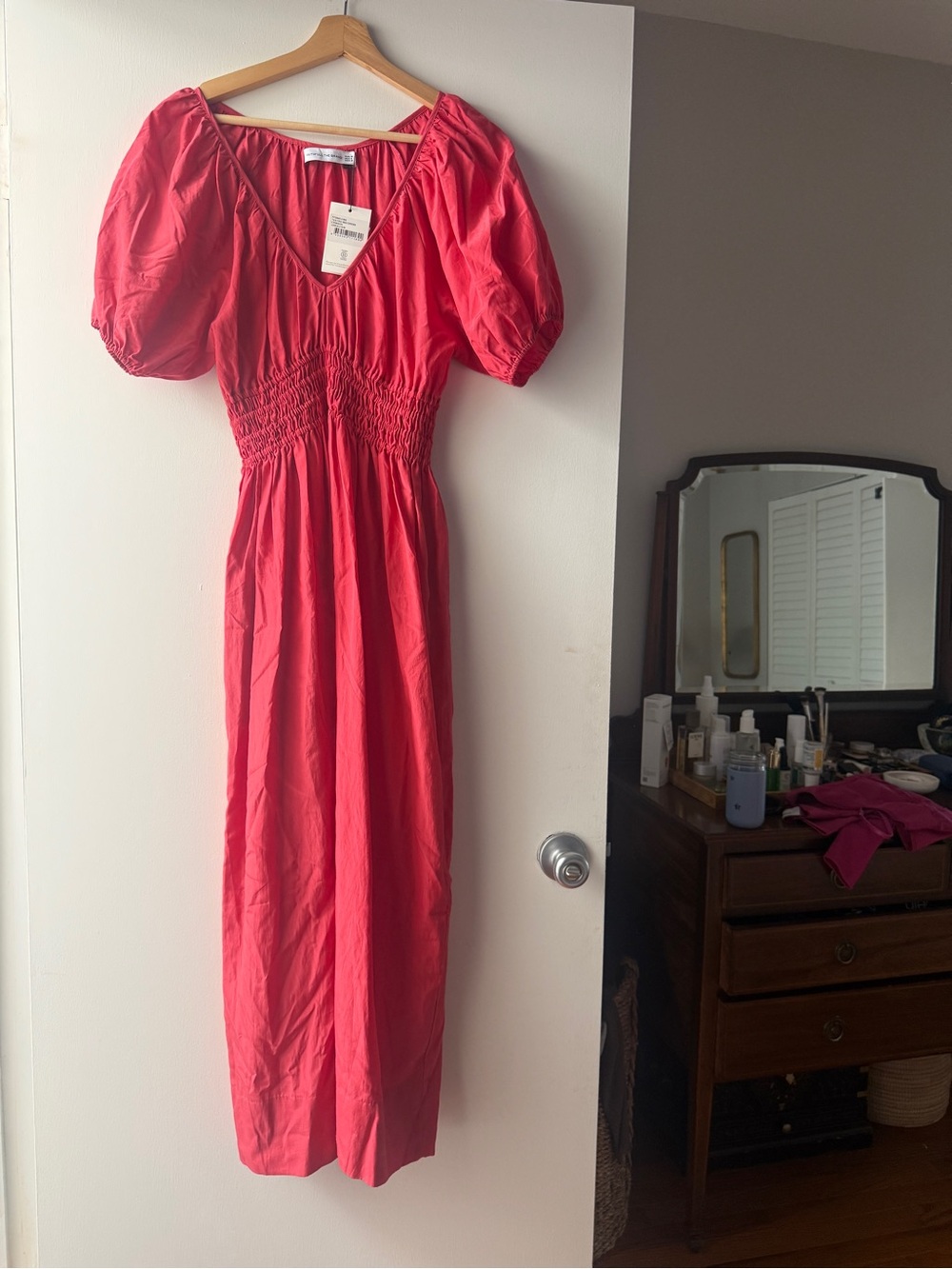 Faithfull the Brand Coral Puff-Sleeve Smocked Waist Maxi Dress